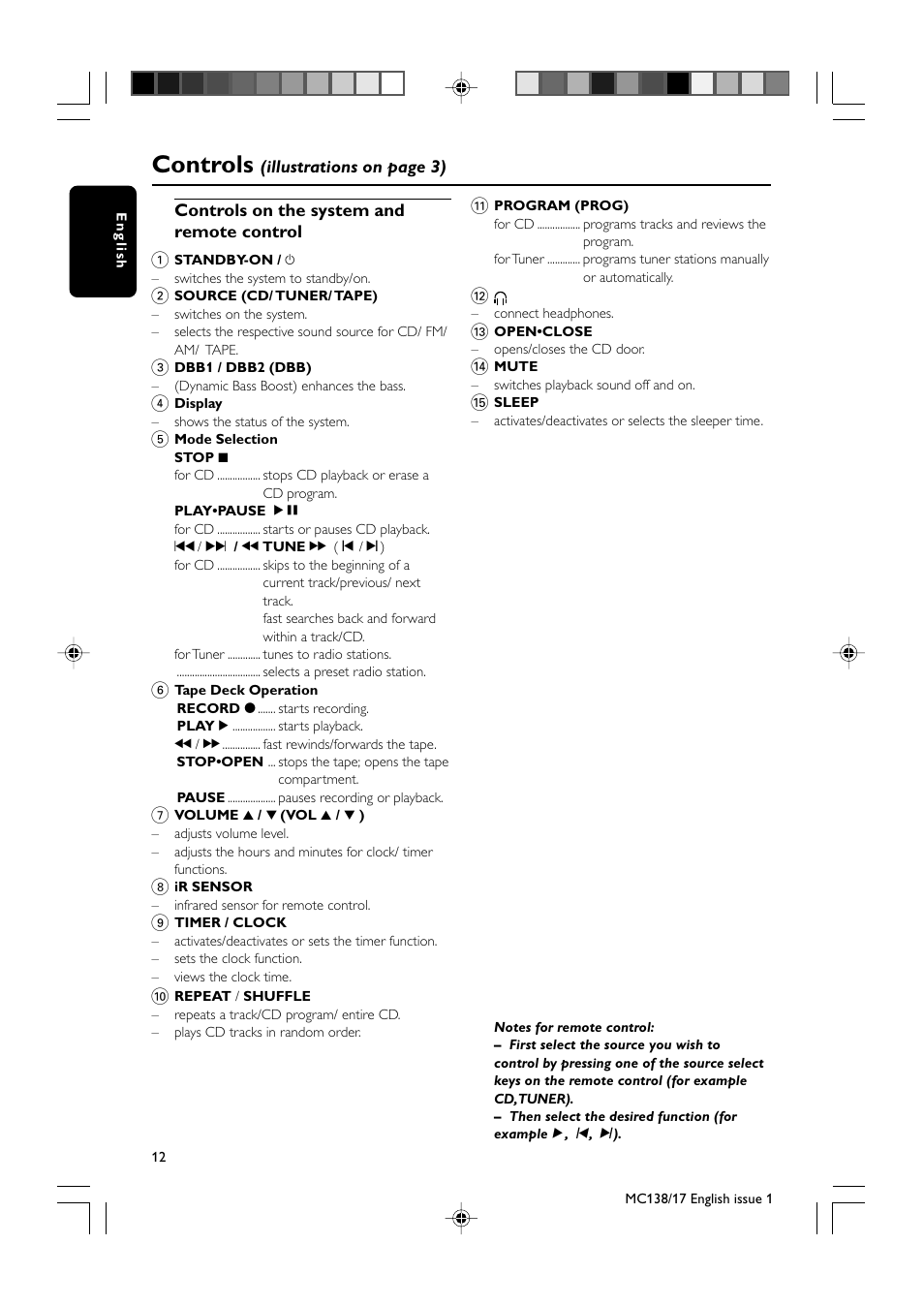 Controls | Philips MC138-37 User Manual | Page 12 / 23