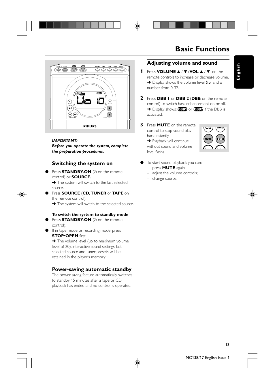 Basic functions | Philips MC138-37 User Manual | Page 13 / 23