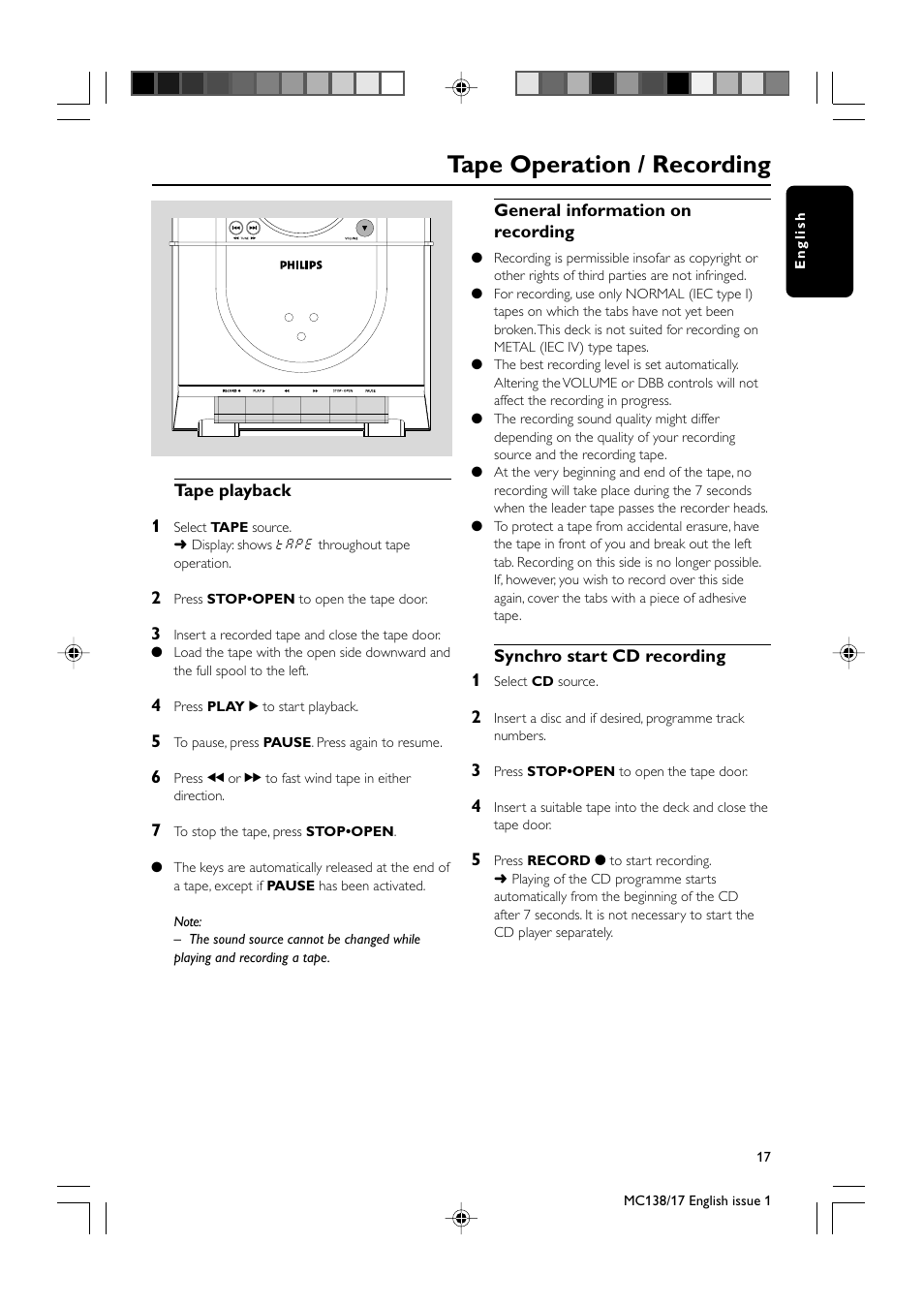 Tape operation / recording | Philips MC138-37 User Manual | Page 17 / 23