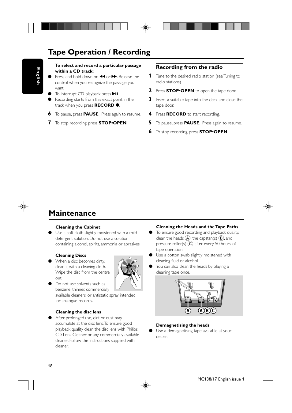 Tape operation / recording, Maintenance | Philips MC138-37 User Manual | Page 18 / 23