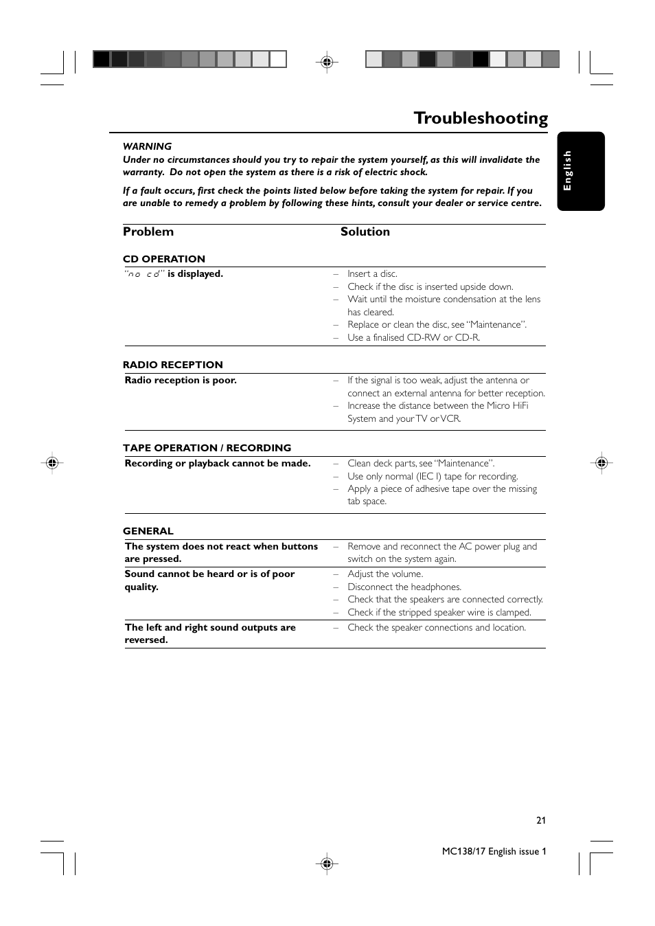 Troubleshooting, Problem solution | Philips MC138-37 User Manual | Page 21 / 23