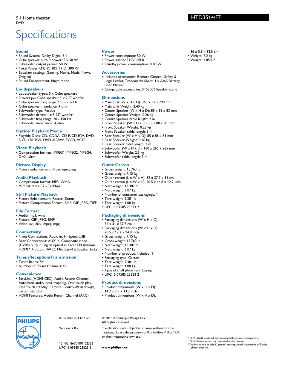 Specifications | Philips HTD3514-F7 User Manual | Page 3 / 3