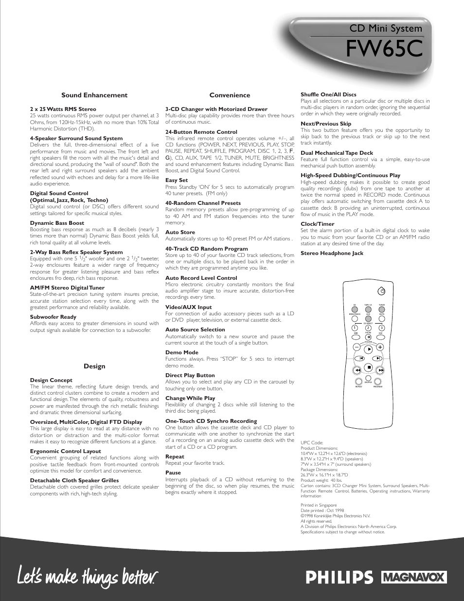 Fw65c, Cd mini system, Sound enhancement | Design, Convenience | Philips FW65C-37 User Manual | Page 2 / 2