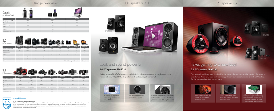 Look and sound powerful, Takes gaming to a new level, Pc speakers 2.0 pc speakers 2.1 range overview | Dock | Philips DS6200-37 User Manual | Page 2 / 2
