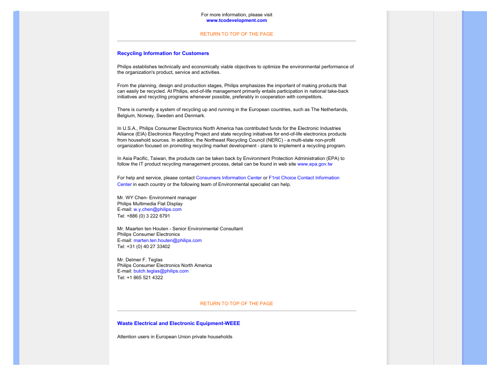 Recycling information for customers, Waste electrical and electronic equipment-weee | Philips 170P7EB-27 User Manual | Page 17 / 103