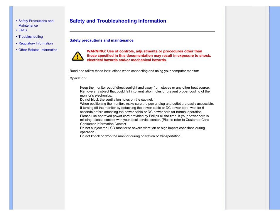 Safety and troubleshooting information | Philips 170P7EB-27 User Manual | Page 2 / 103