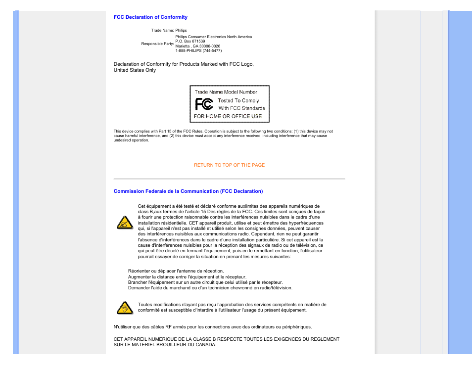 Commission federale de la, Communication (fcc declaration) | Philips 170P7EB-27 User Manual | Page 20 / 103