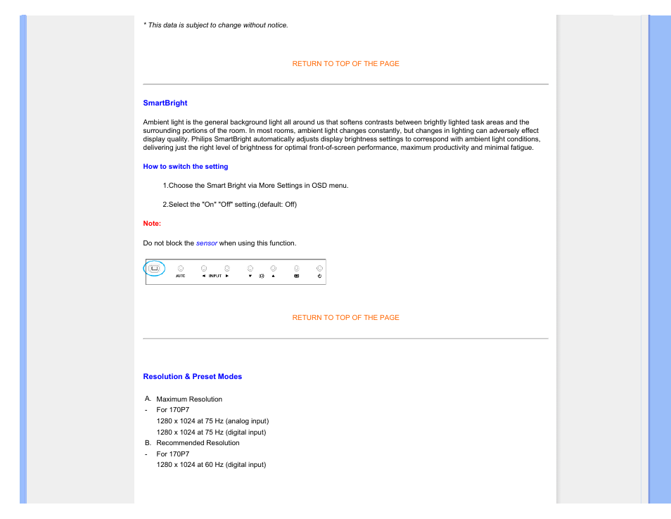 Smartbright, Resolution & preset modes | Philips 170P7EB-27 User Manual | Page 31 / 103