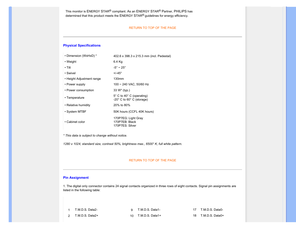 Physical specification | Philips 170P7EB-27 User Manual | Page 33 / 103