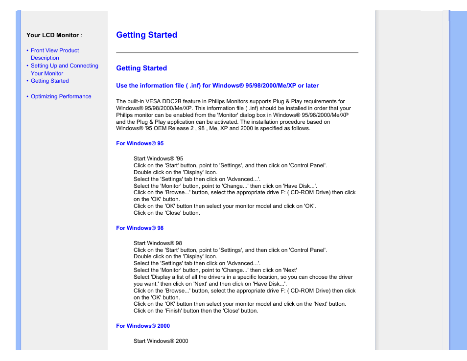 Getting started | Philips 170P7EB-27 User Manual | Page 60 / 103