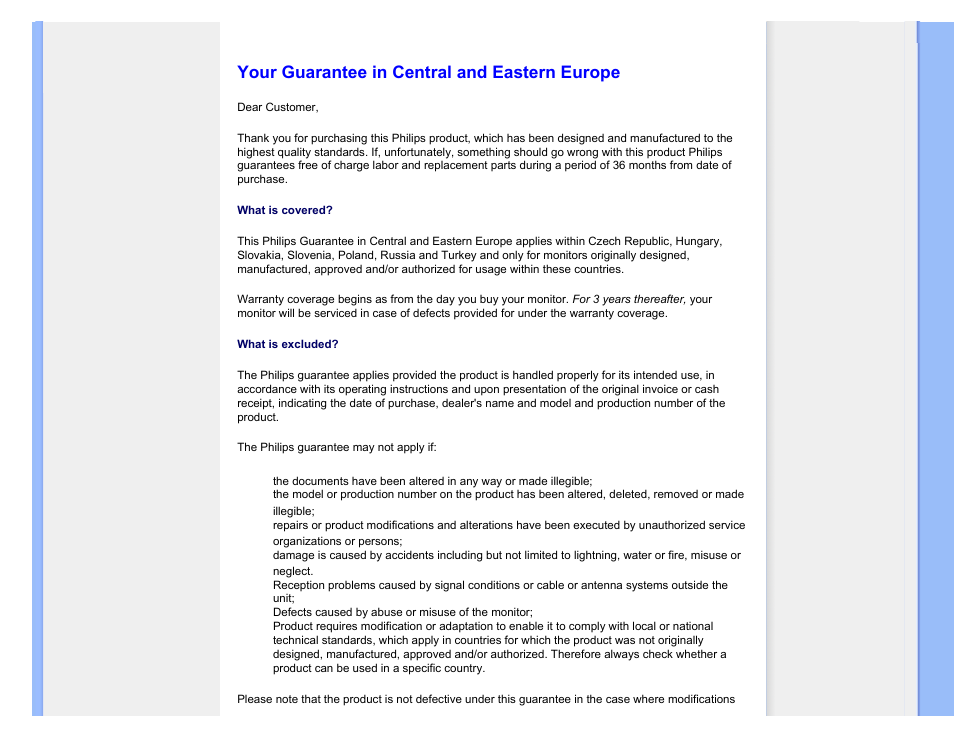 Your guarantee in central and eastern europe, Czech republic, Hungary | Poland, Russia, Slovakia, Slovenia, Turkey | Philips 170P7EB-27 User Manual | Page 73 / 103