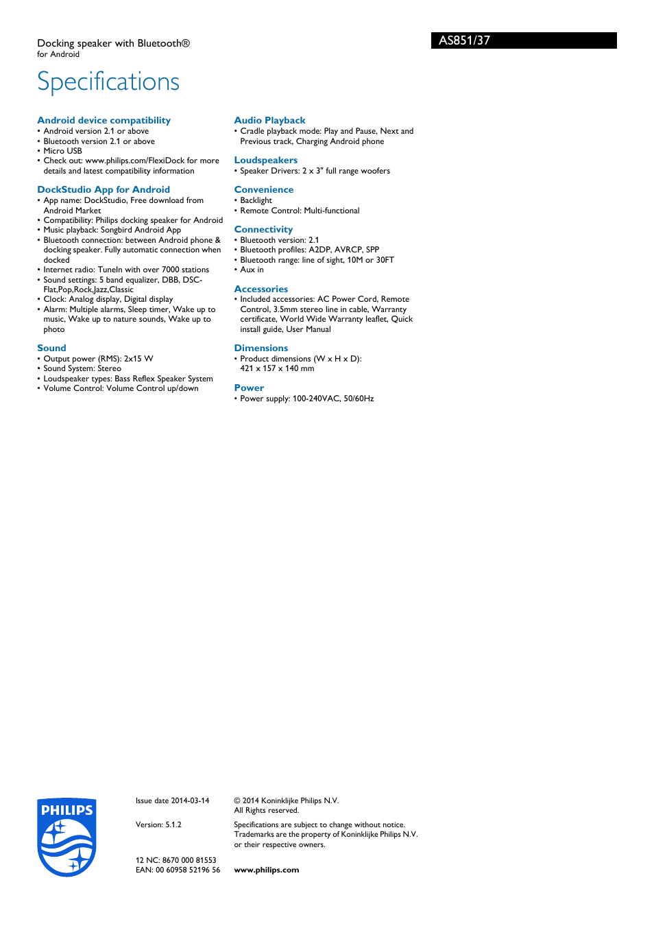 Specifications | Philips AS851-37 User Manual | Page 3 / 3