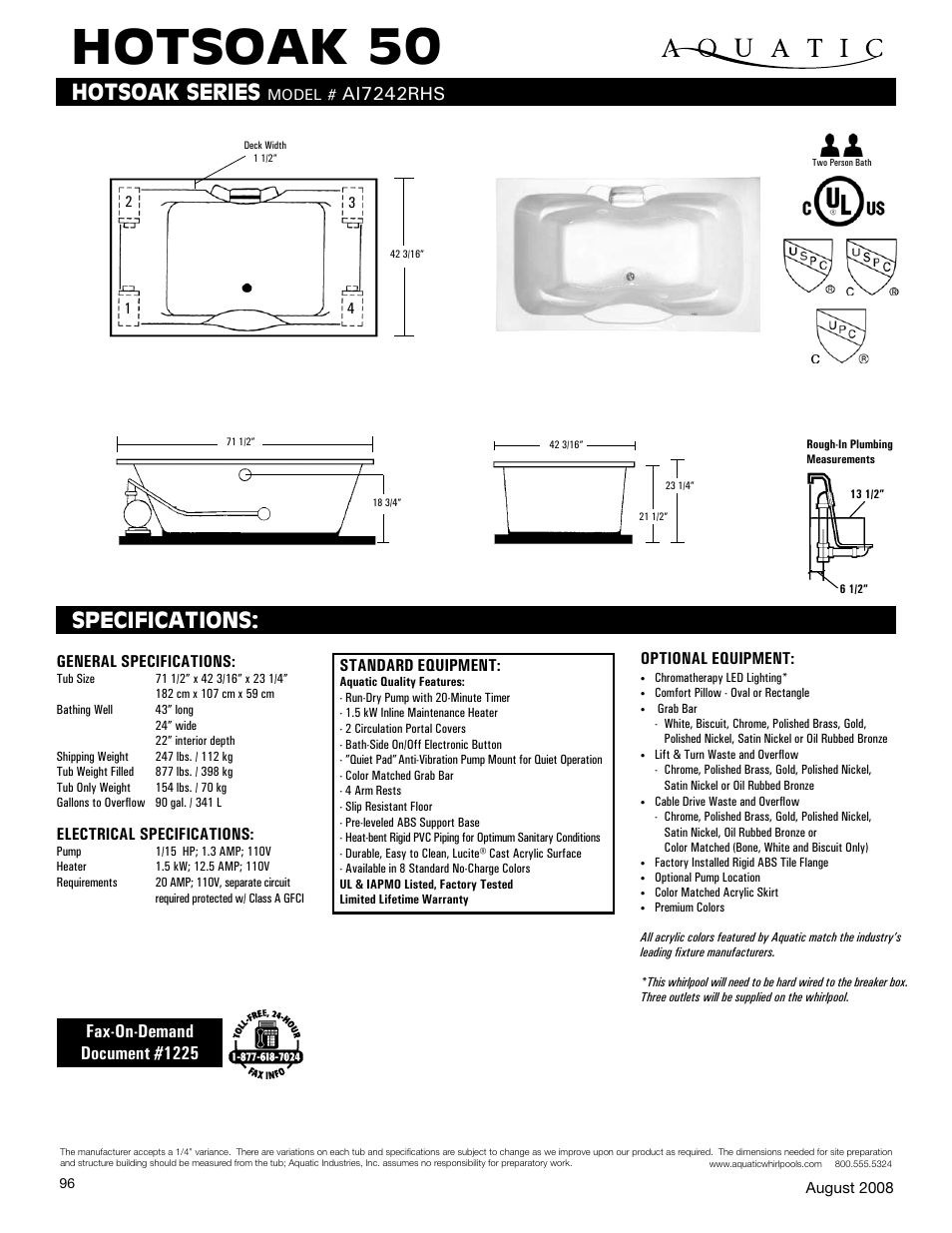 Aquatic HOTSOAK 50 AI7242RHS User Manual | 1 page