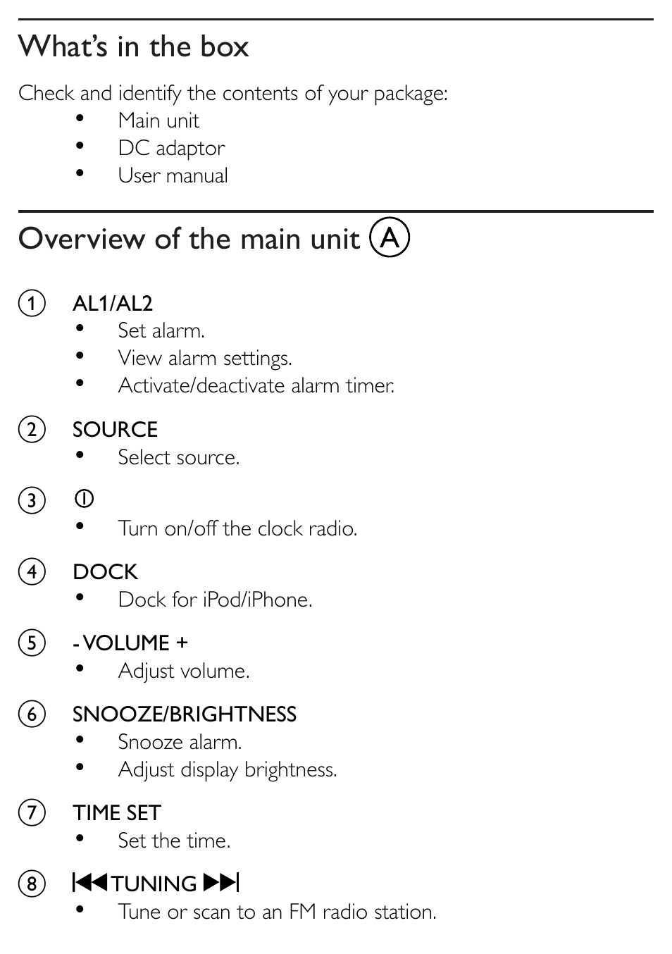What’s in the box, Overview of the main unit | Philips AJ5300D-37 User Manual | Page 15 / 33