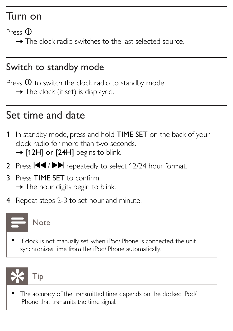 Turn on, Set time and date, Switch to standby mode | Philips AJ5300D-37 User Manual | Page 17 / 33