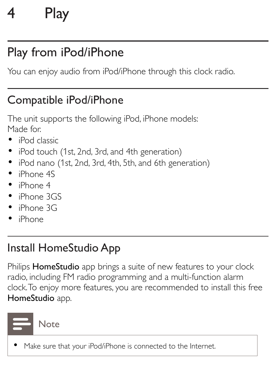 4 play, Play from ipod/iphone | Philips AJ5300D-37 User Manual | Page 18 / 33
