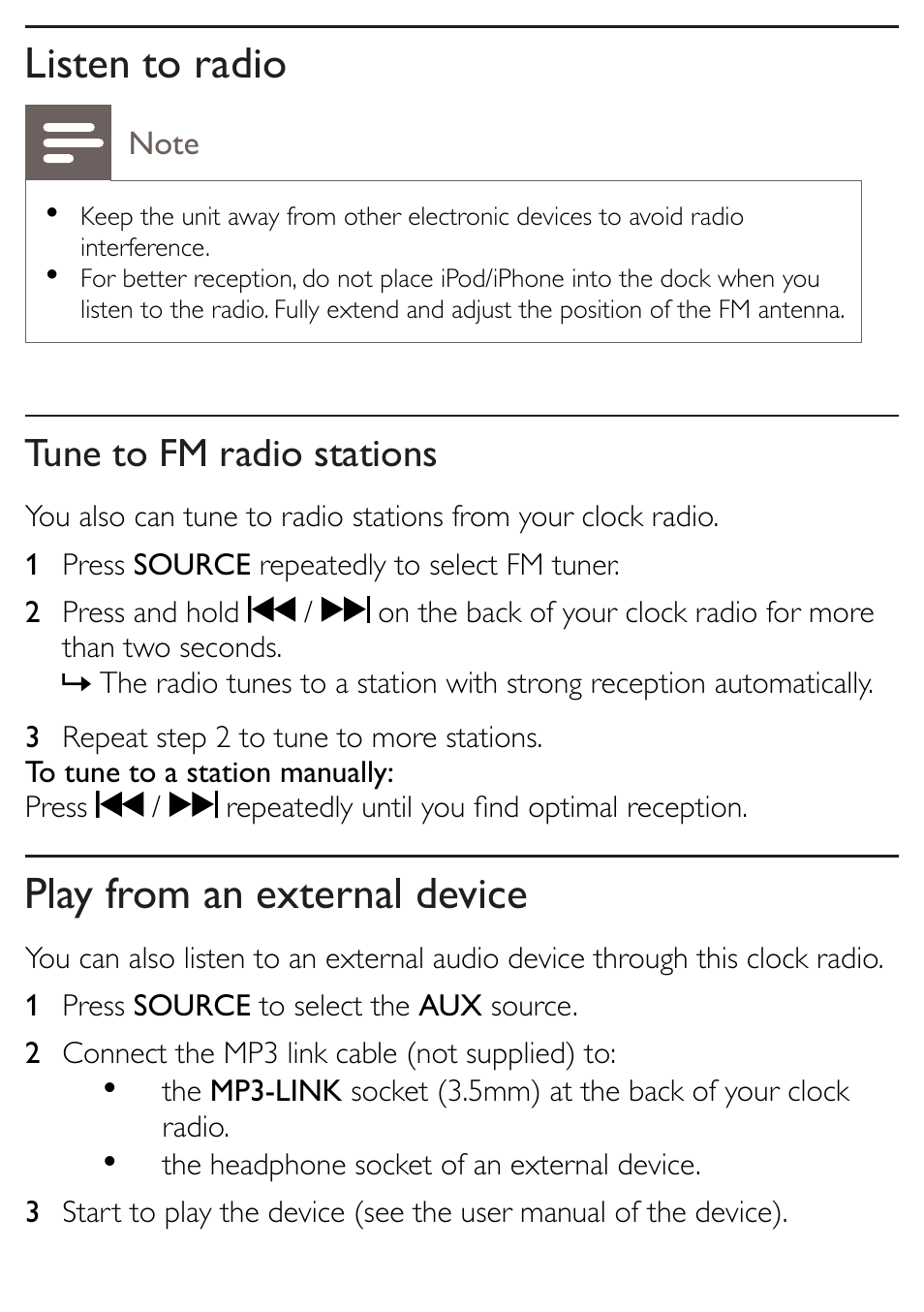 Listen to radio, Play from an external device, Tune to fm radio stations | Philips AJ5300D-37 User Manual | Page 22 / 33