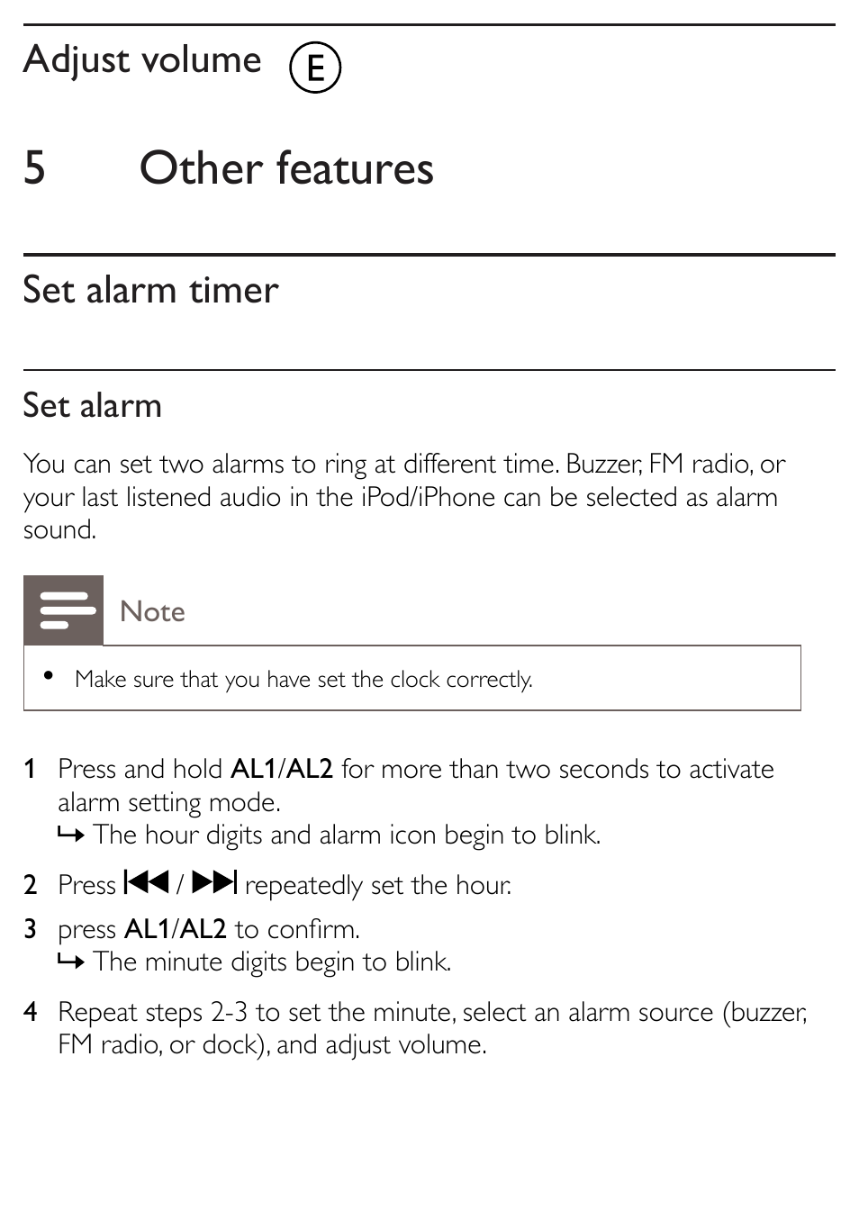 5other features, Adjust volume, Set alarm timer | Set alarm | Philips AJ5300D-37 User Manual | Page 23 / 33