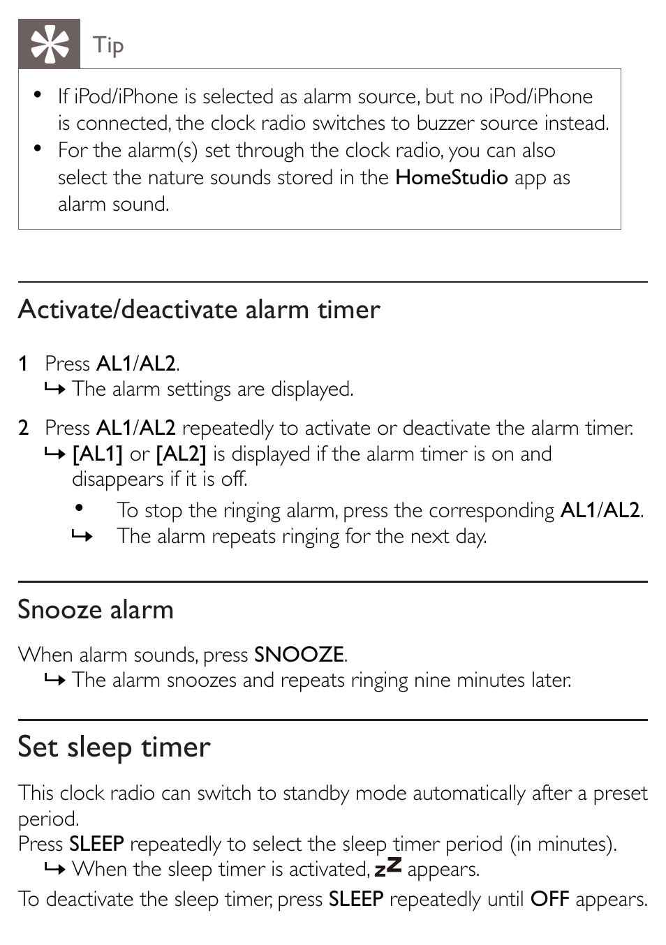 Set sleep timer, Activate/deactivate alarm timer, Snooze alarm | Philips AJ5300D-37 User Manual | Page 24 / 33