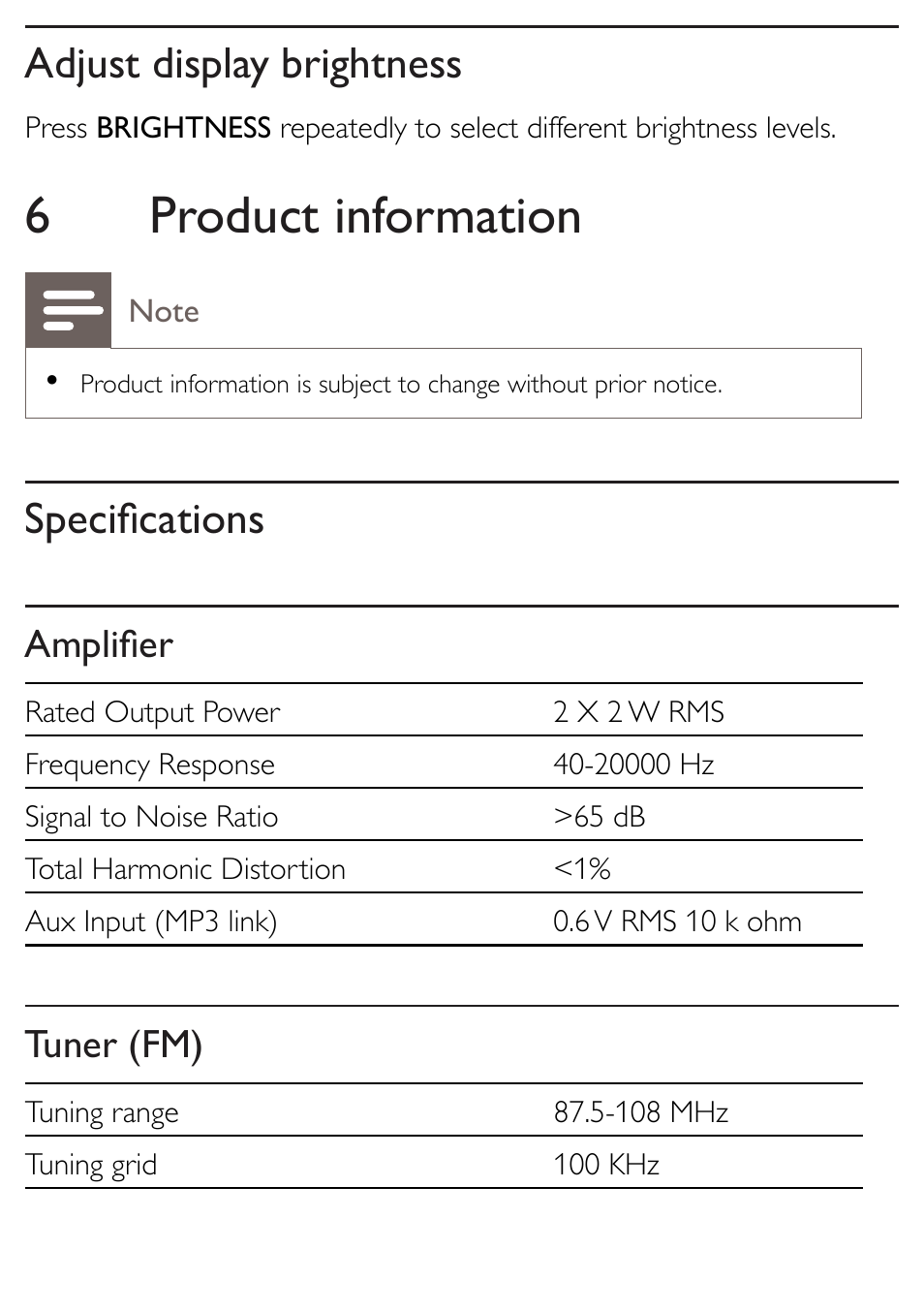 6product information, Adjust display brightness, Specifications | Philips AJ5300D-37 User Manual | Page 25 / 33