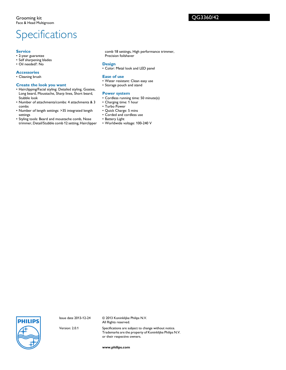 Specifications | Philips QG3360-42 User Manual | Page 3 / 3