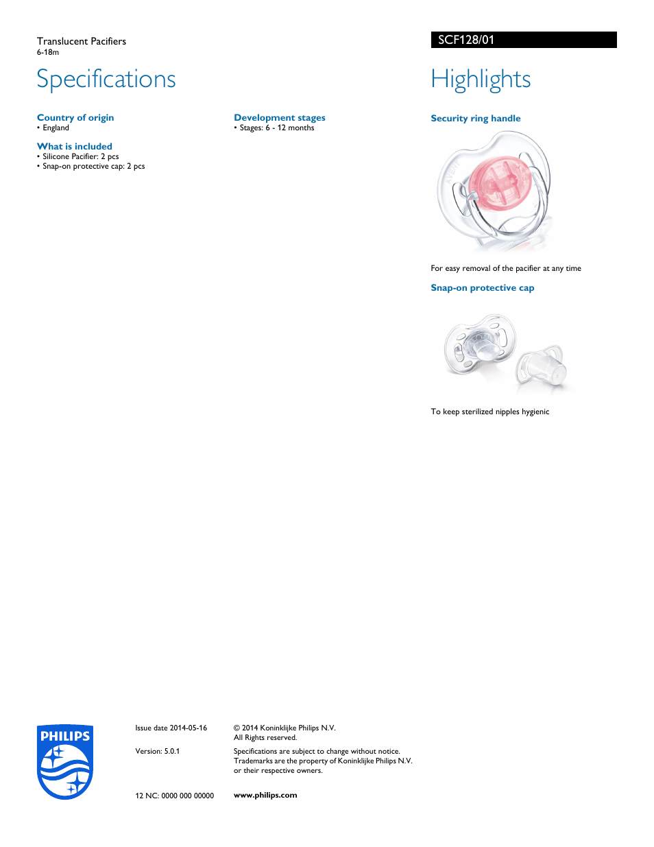 Specifications, Highlights | Philips SCF128-01 User Manual | Page 2 / 2