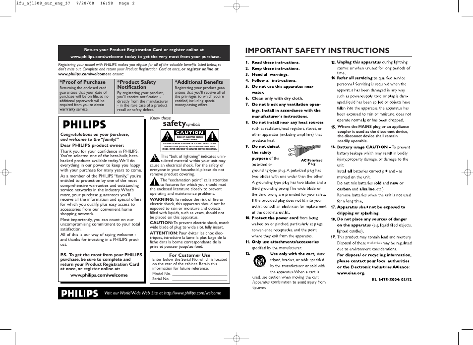 Safety, Important safety instructions | Philips AJL308-37 User Manual | Page 2 / 9
