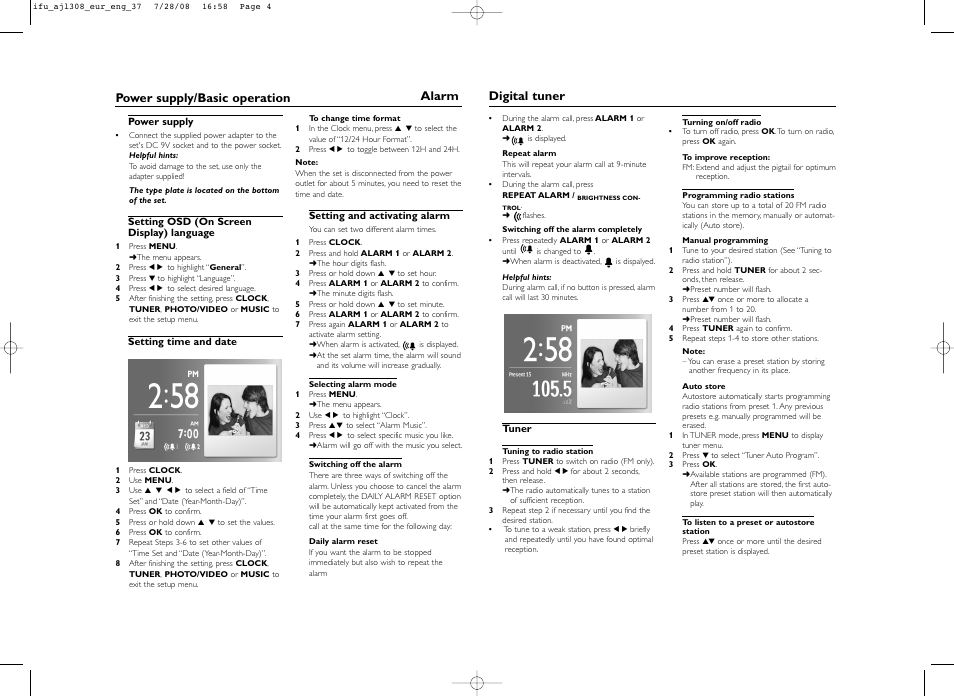 Power supply/basic operation alarm, Digital tuner | Philips AJL308-37 User Manual | Page 4 / 9