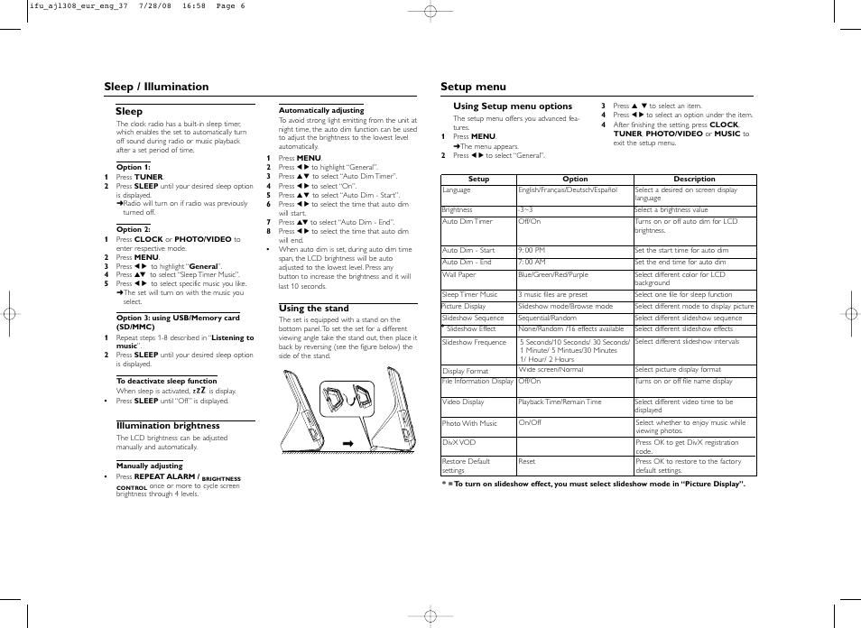 Sleep / illumination, Setup menu | Philips AJL308-37 User Manual | Page 6 / 9