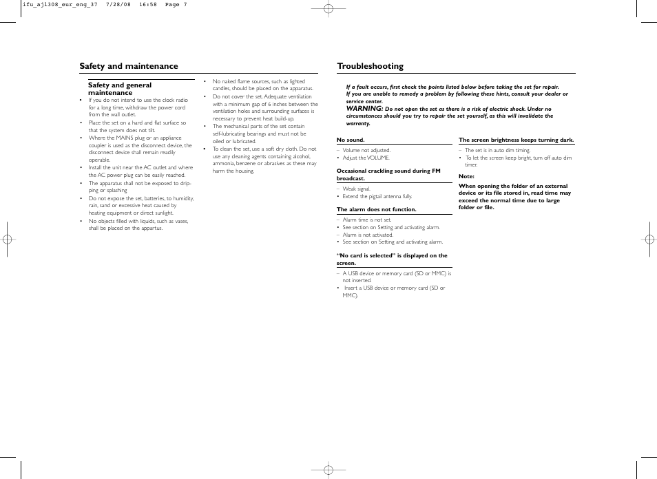 Safety and maintenance, Troubleshooting | Philips AJL308-37 User Manual | Page 7 / 9