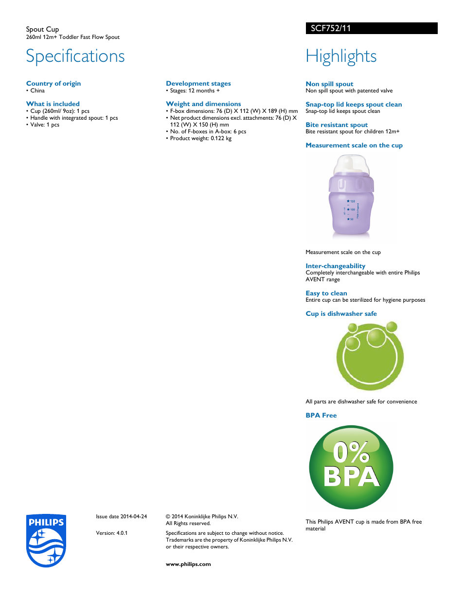 Specifications, Highlights | Philips SCF752-11 User Manual | Page 2 / 2