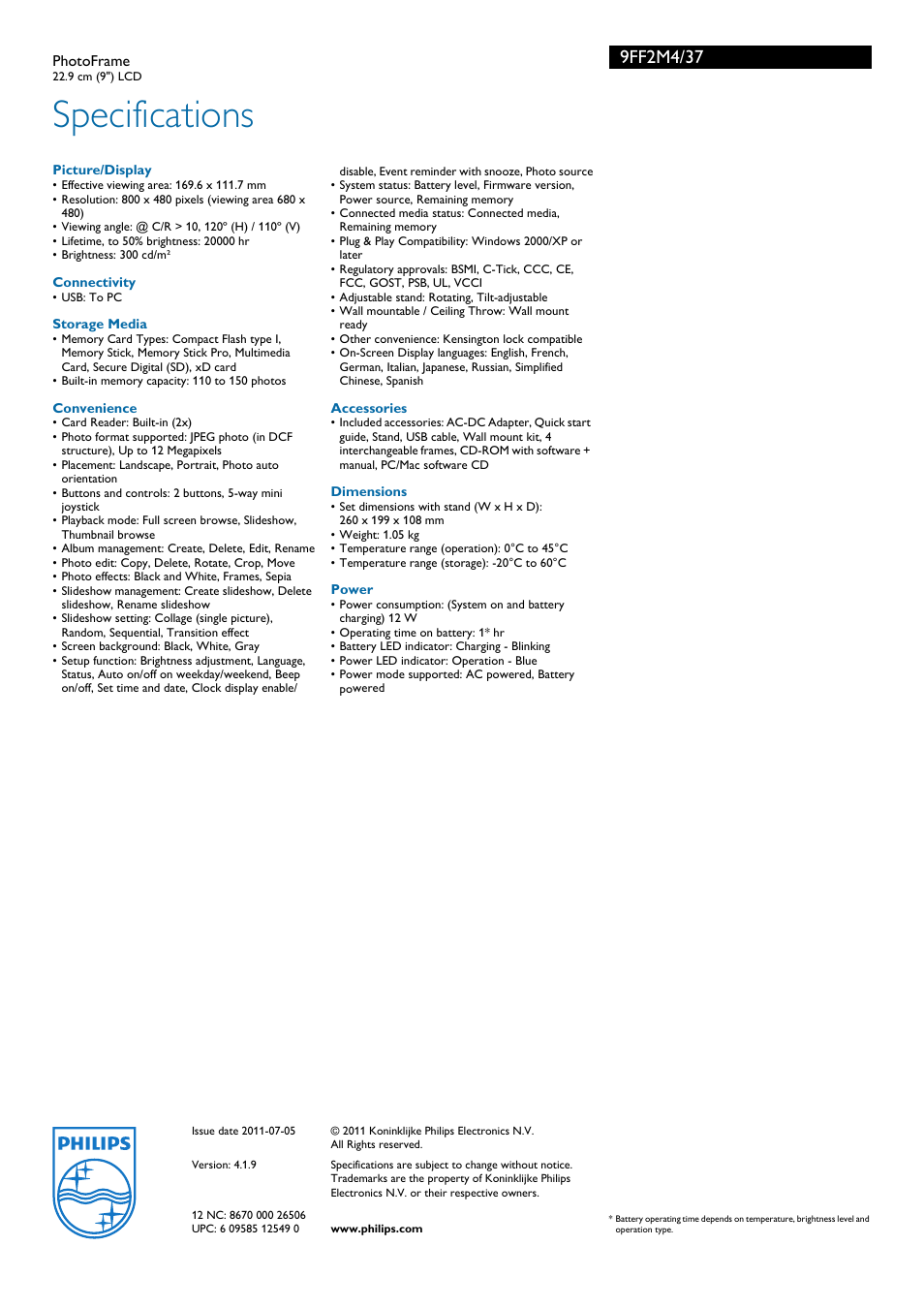 Specifications | Philips 9FF2M4-37 User Manual | Page 3 / 3