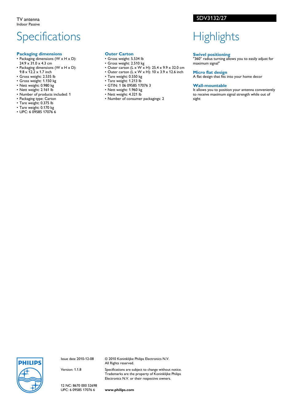 Specifications, Highlights | Philips TV antenna SDV3132 Indoor Passive User Manual | Page 2 / 2