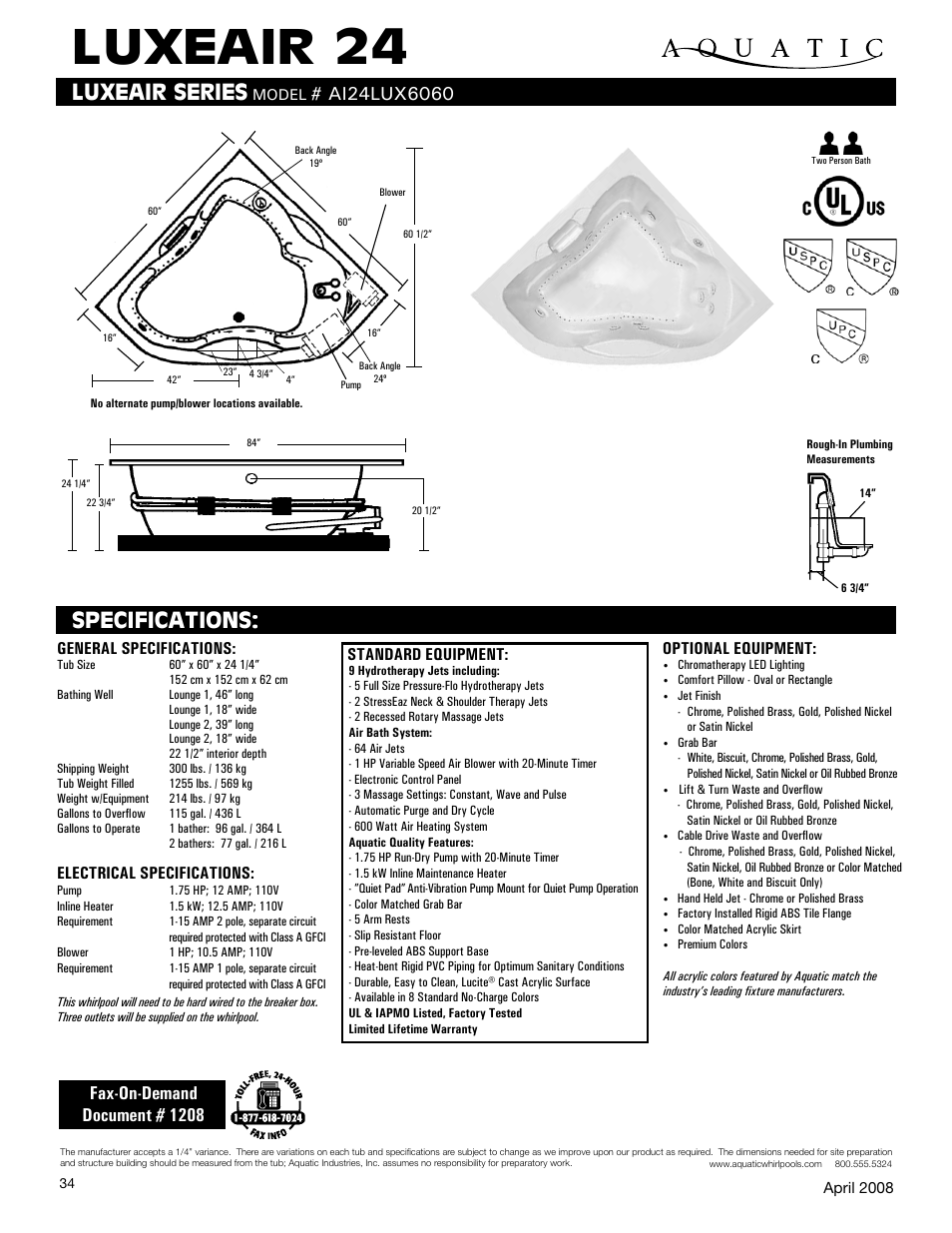 Aquatic LUXEAIR 24 ai24lux6060 User Manual | 1 page