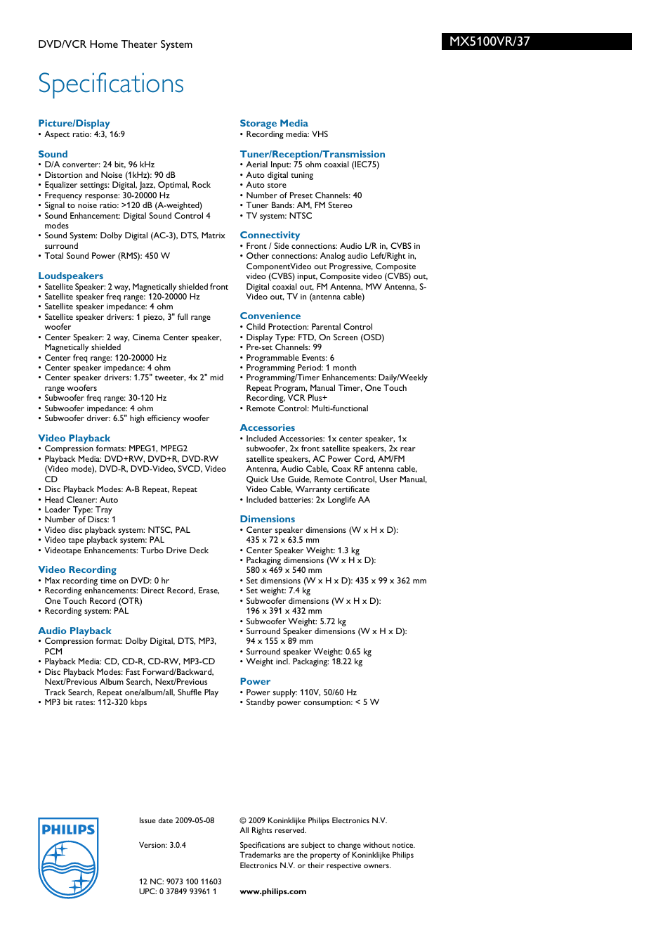 Specifications | Philips MX5100VR-37 User Manual | Page 3 / 3