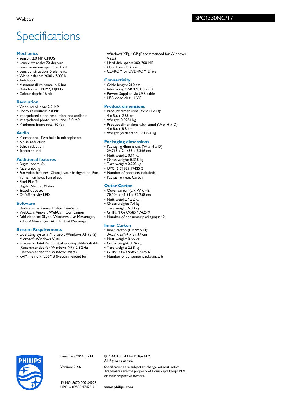 Specifications | Philips SPC1330NC-17 User Manual | Page 3 / 3