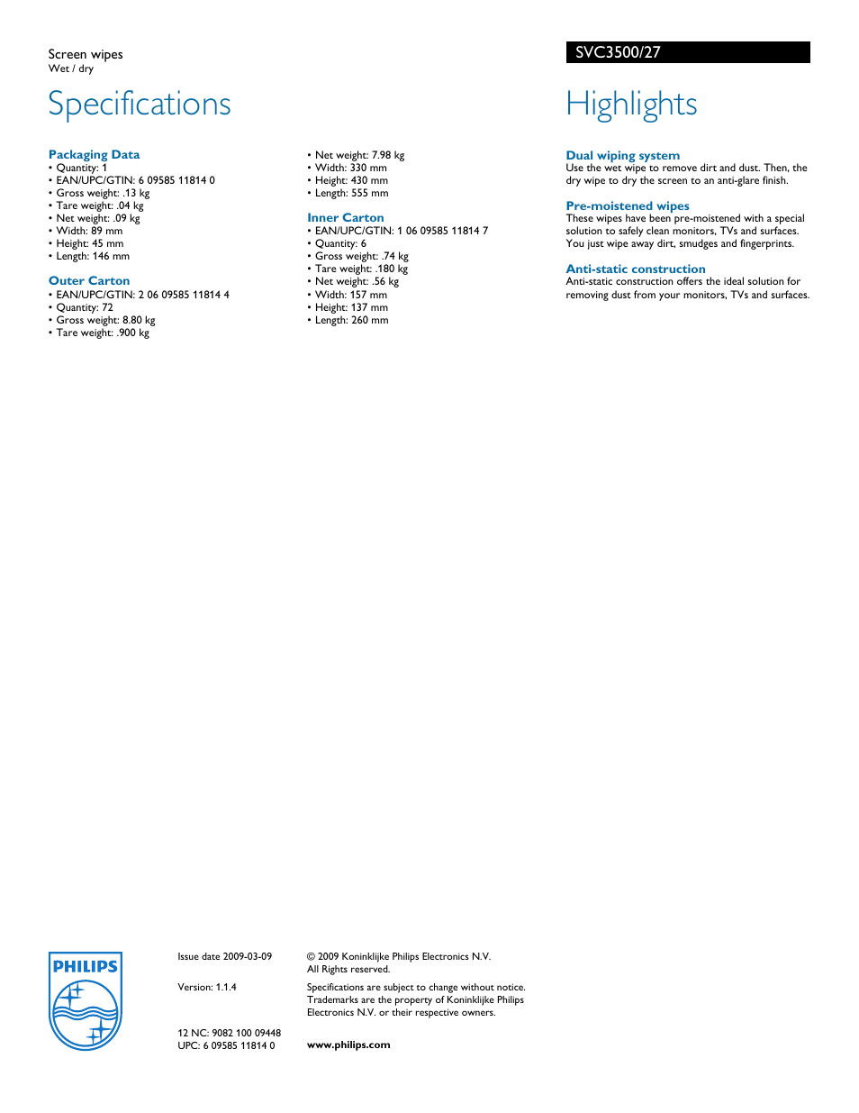 Specifications, Highlights | Philips SVC3500-27 User Manual | Page 2 / 2