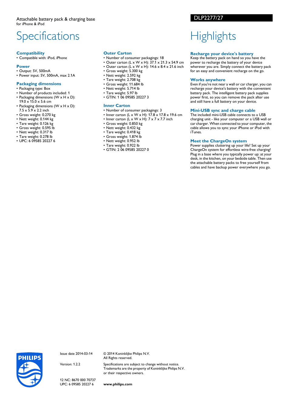 Specifications, Highlights | Philips DLP2277-27 User Manual | Page 2 / 2