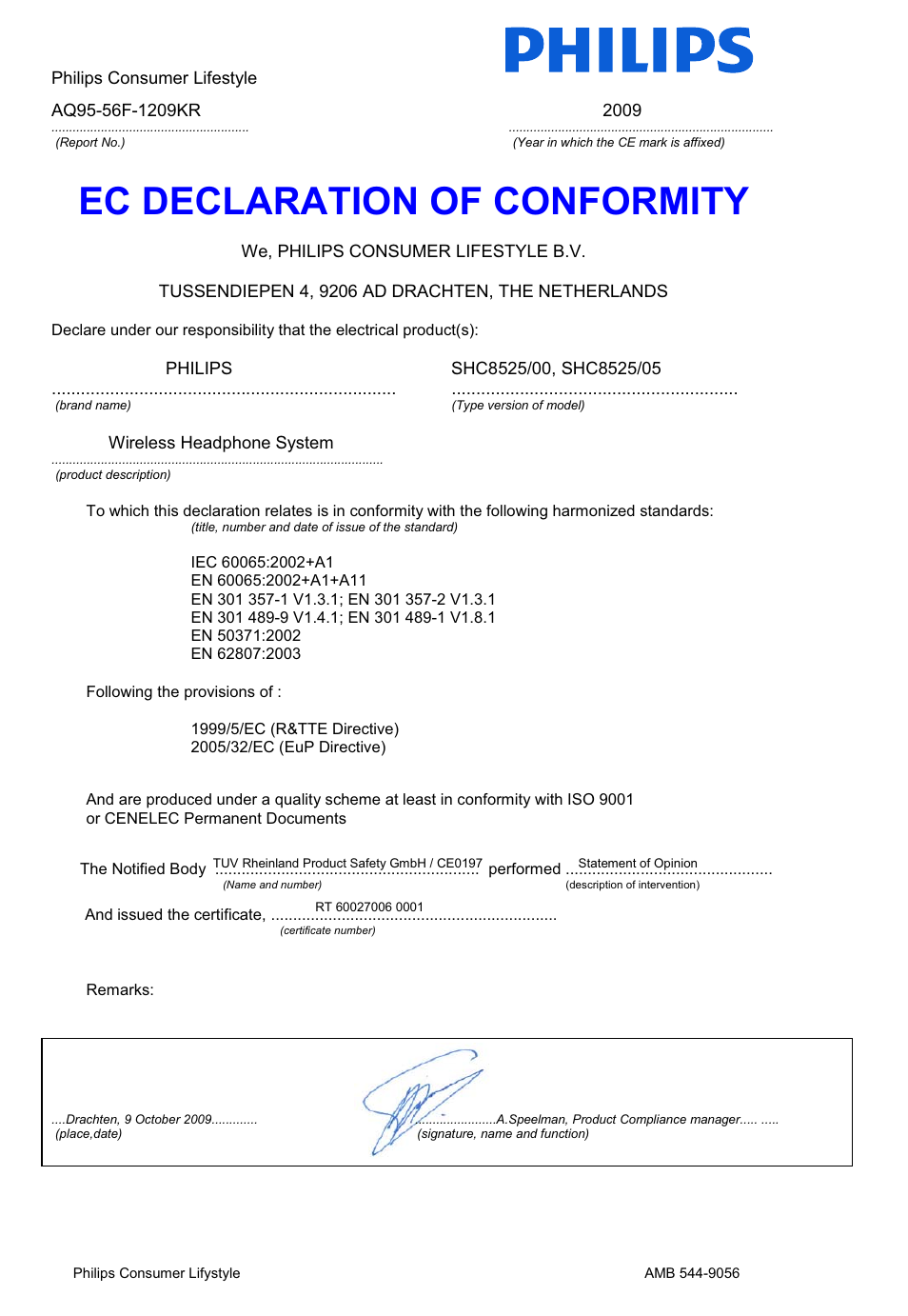 Ec declaration of conformity | Philips SHC8525-05 User Manual | Page 12 / 14