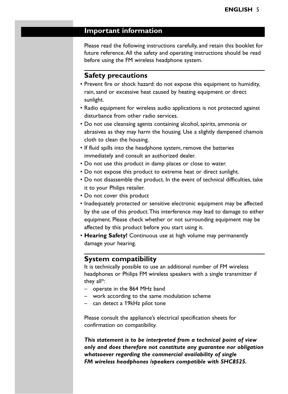 Important information, Safety precautions, System compatibility | Philips SHC8525-05 User Manual | Page 5 / 14