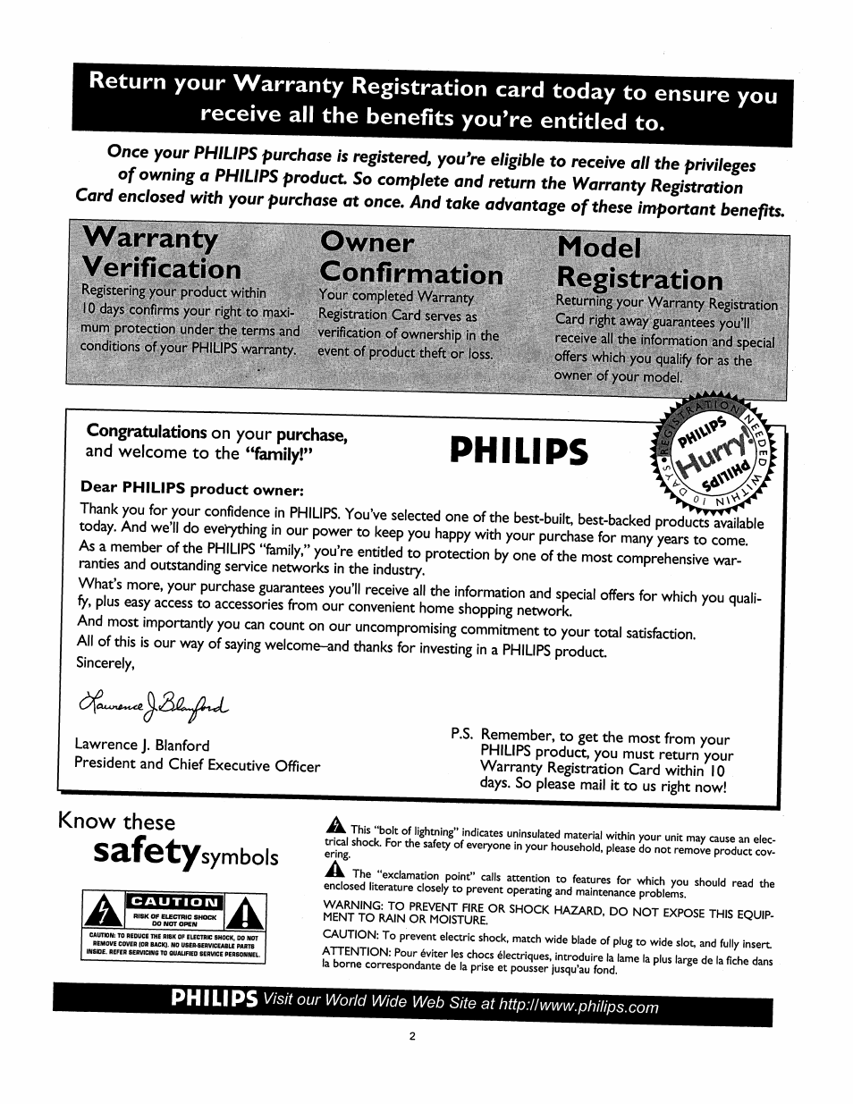 Philips, S3.f©ty, Warranty verification | Owner confirmation, Model registration, Know these, Symbols | Philips 30PW862H User Manual | Page 3 / 108