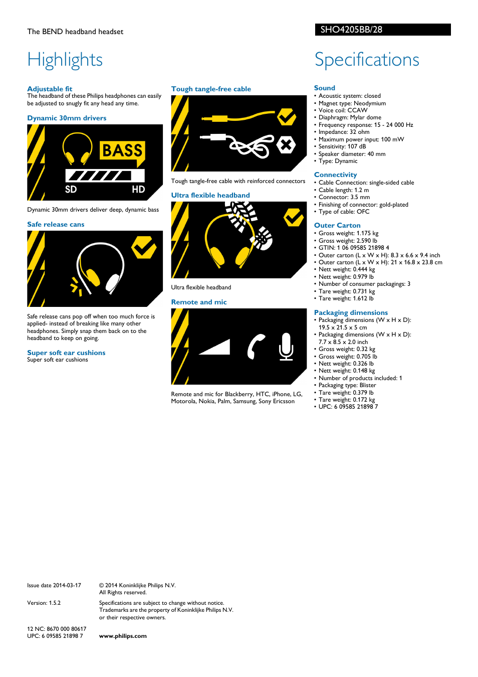 Highlights, Specifications | Philips SHO4205BB-28 User Manual | Page 2 / 2
