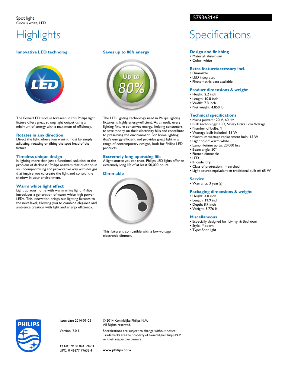 Highlights, Specifications | Philips 579363148 User Manual | Page 2 / 2