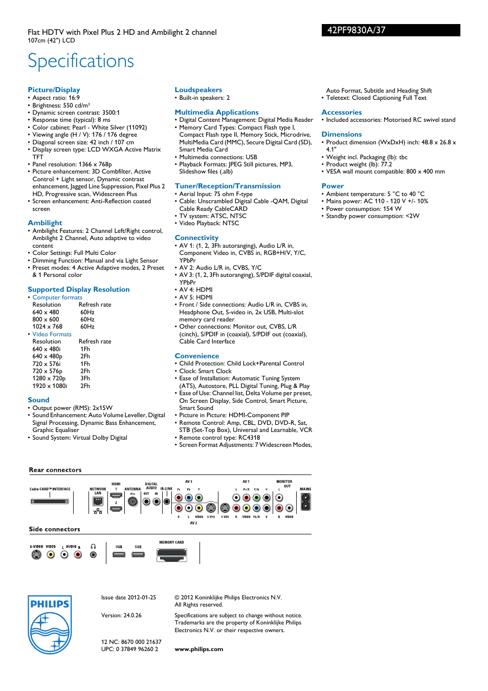Specifications | Philips 42" LCD flat HDTV Pixel Plus 2 HD User Manual | Page 3 / 3