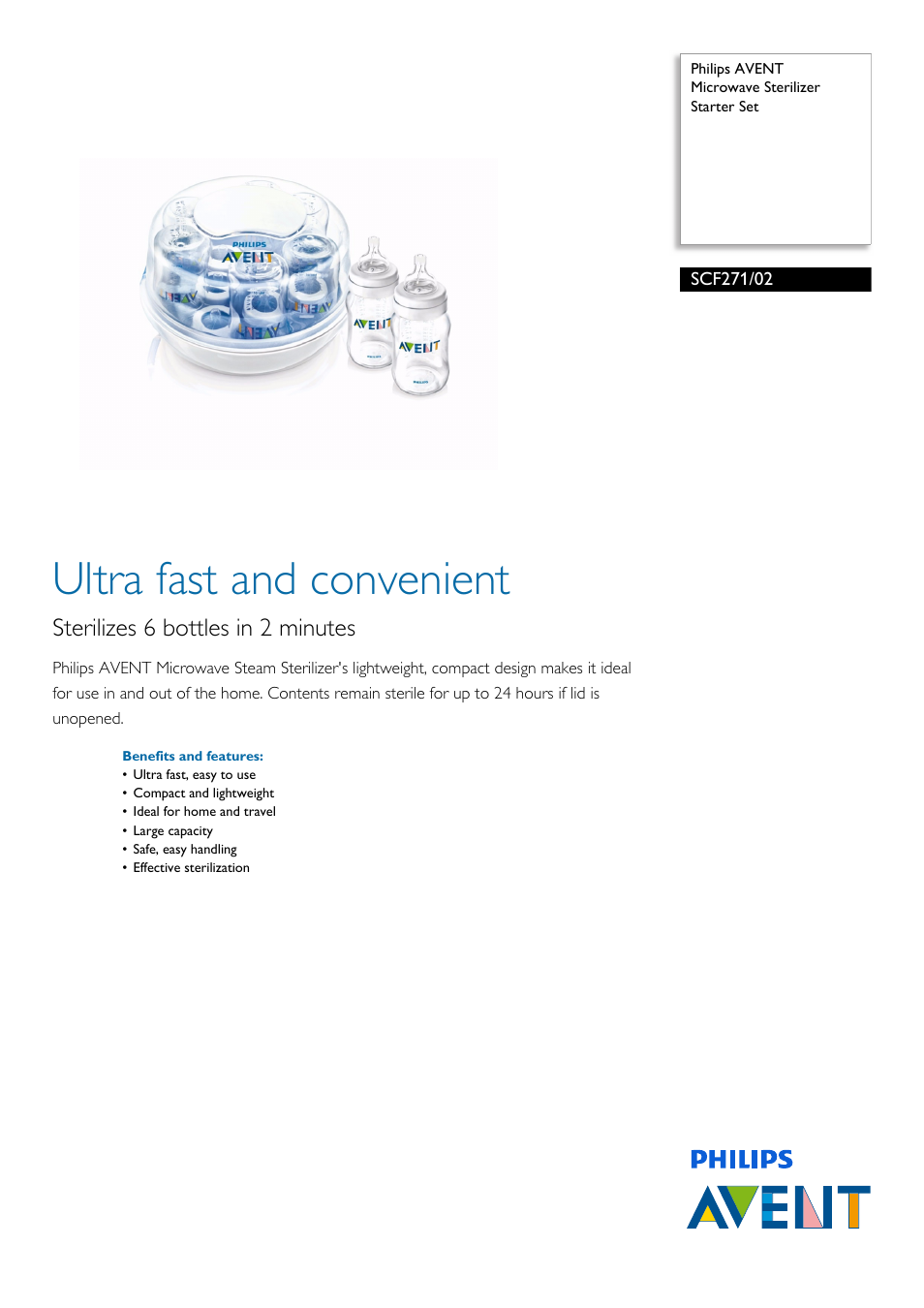 Philips AVENT Microwave Sterilizer Starter Set SCF271-02 User Manual | 2 pages