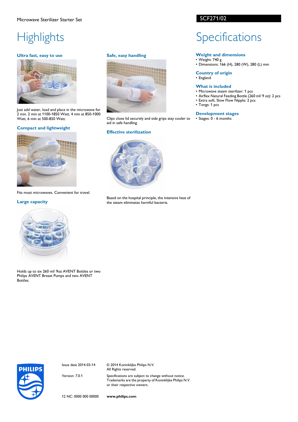 Highlights, Specifications | Philips AVENT Microwave Sterilizer Starter Set SCF271-02 User Manual | Page 2 / 2