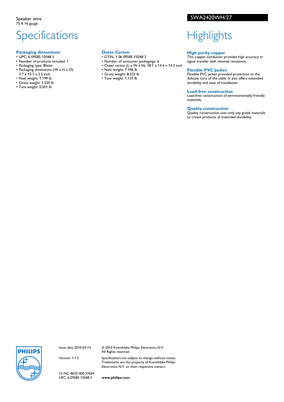 Specifications, Highlights | Philips SWA2420WH-27 User Manual | Page 2 / 2