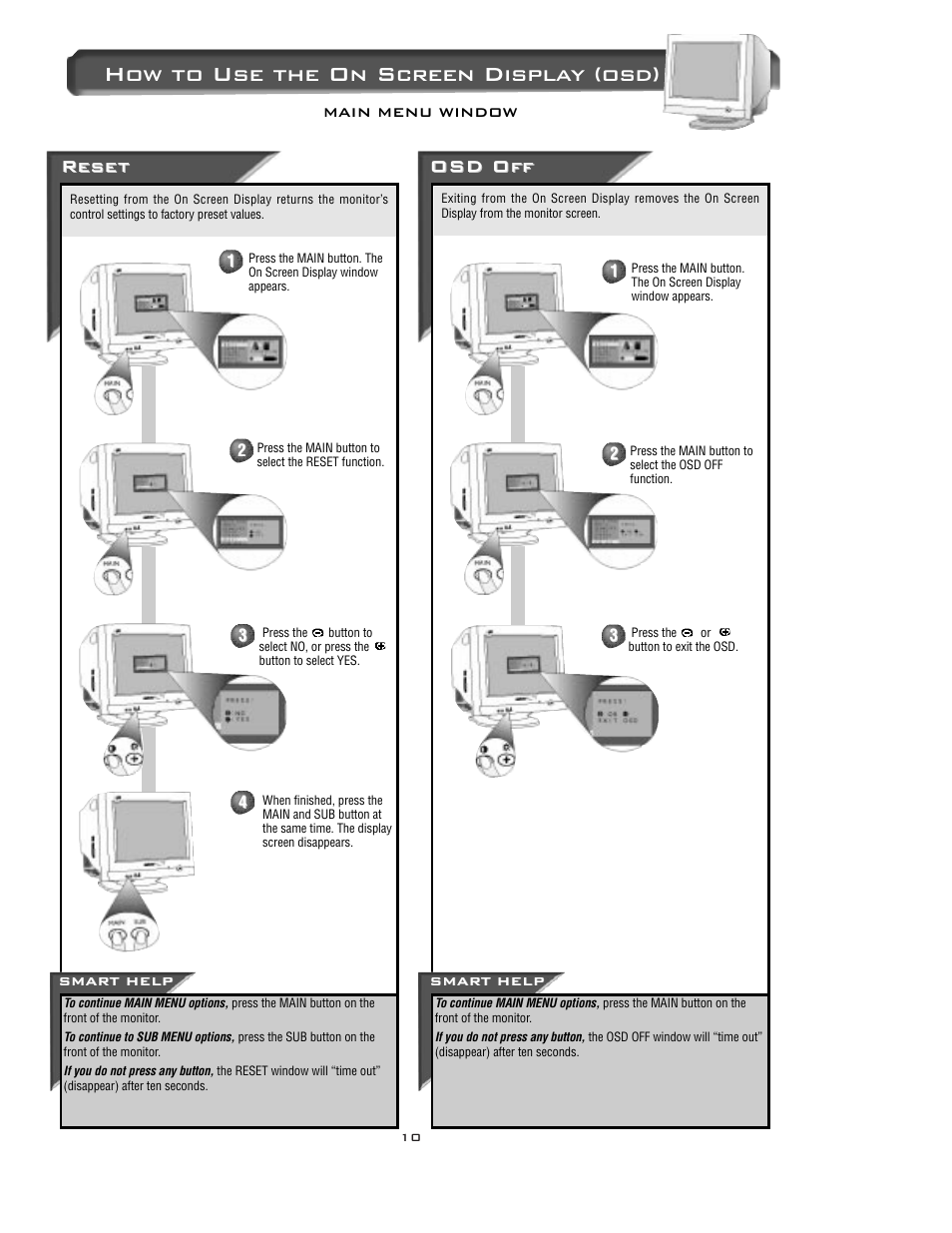 How to use the on screen display (osd), Reset eset, Osd off | Philips 15C3220W User Manual | Page 10 / 15