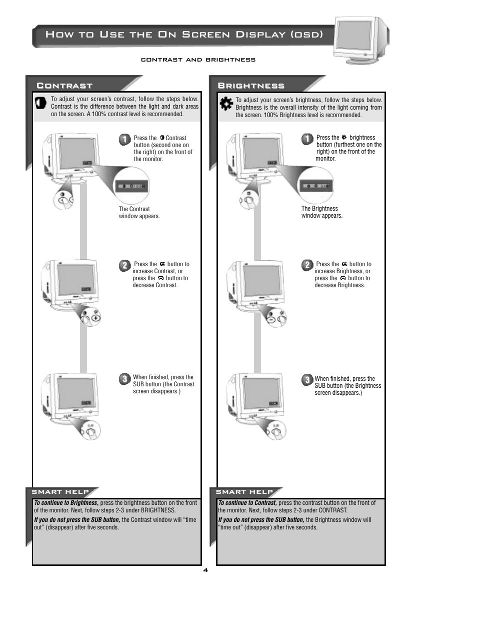 How to use the on screen display (osd), Contr, Contr ast ast brightnes brightnes s s | Philips 15C3220W User Manual | Page 4 / 15