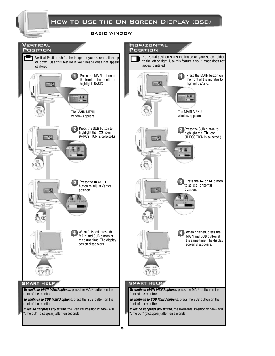 How to use the on screen display (osd), Horizont, Horizont al al position position | Ver er tic tic al al position position | Philips 15C3220W User Manual | Page 5 / 15